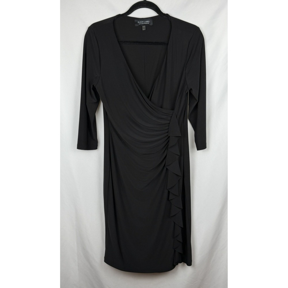Black Label by Evan-Picone Black Ruched Faux Wrap Ruffle Sheath Dress Women's 10